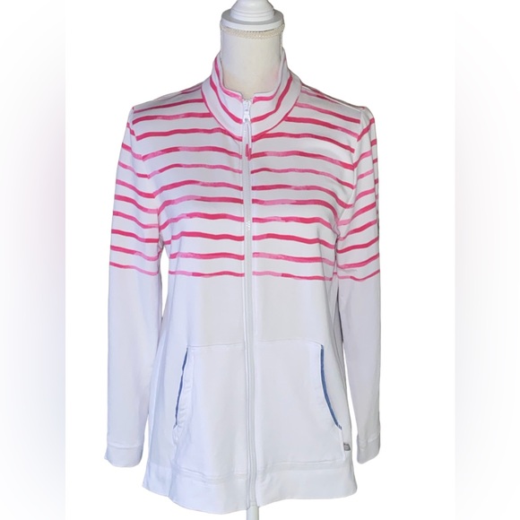 T by Talbots Pink Wave Stripe Full Zip Jacket Size Medium - Picture 11 of 16